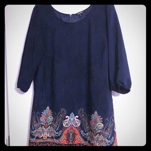 Navy tunic dress with paisley pattern trim bottom